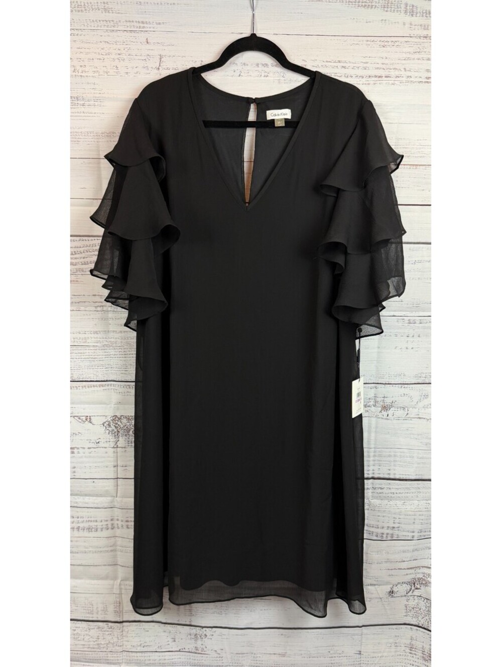 CALVIN KLEIN black chiffon lined half ruffle sleeve shift dress 22W NWT